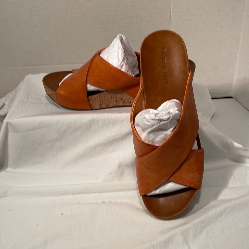 Chocolat Blu Orange-Tan Crisscross Cork Wedge Sandals